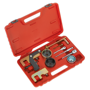 The Sealey Diesel Engine Timing Tool Kit (VSE5871A) is a red plastic tool case that includes an array of automotive tools specifically designed for Renault, Nissan, Suzuki, Mitsubishi, Dacia GM diesel engines (1.5D/1.9D/2.2D/2.5D). The kit contains a timing belt toolset with pulleys, wrenches, alignment tools and features crankshaft locking pins for precise timing belt replacement tasks.
