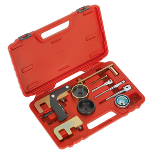 The Sealey Diesel Engine Timing Tool Kit (VSE5871A) is a red plastic tool case that includes an array of automotive tools specifically designed for Renault, Nissan, Suzuki, Mitsubishi, Dacia GM diesel engines (1.5D/1.9D/2.2D/2.5D). The kit contains a timing belt toolset with pulleys, wrenches, alignment tools and features crankshaft locking pins for precise timing belt replacement tasks.