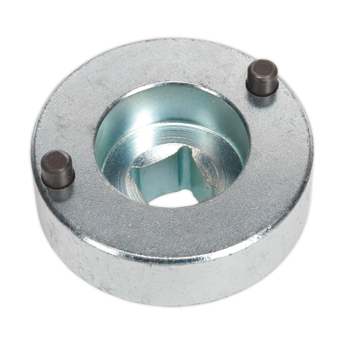 The Sealey VSE5885 Variator Socket is a specialised metal washer-like tool featuring two pins and a central hexagonal hole, specifically designed for servicing the variable camshaft timing of Alfa Romeo and Fiat vehicles.