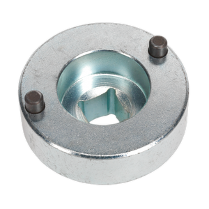 The Sealey VSE5885 Variator Socket is a specialised metal washer-like tool featuring two pins and a central hexagonal hole, specifically designed for servicing the variable camshaft timing of Alfa Romeo and Fiat vehicles.