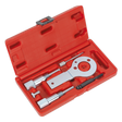 Introducing the Sealey Diesel Engine Timing Tool Kit (model VSE5886A), a red plastic case containing various metal automotive tools designed for tasks such as timing belt replacement in GM and Saab 1.9D CDTi/TiD/TTiD and 2.0D CDTi engines, including a circular component, threaded rods, and other specialized instruments.