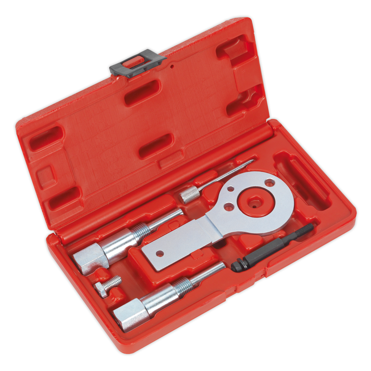 Introducing the Sealey Diesel Engine Timing Tool Kit (model VSE5886A), a red plastic case containing various metal automotive tools designed for tasks such as timing belt replacement in GM and Saab 1.9D CDTi/TiD/TTiD and 2.0D CDTi engines, including a circular component, threaded rods, and other specialized instruments.