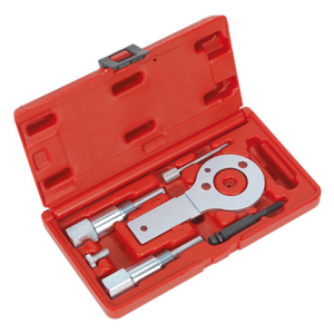 Introducing the Sealey Diesel Engine Timing Tool Kit (model VSE5886A), a red plastic case containing various metal automotive tools designed for tasks such as timing belt replacement in GM and Saab 1.9D CDTi/TiD/TTiD and 2.0D CDTi engines, including a circular component, threaded rods, and other specialized instruments.