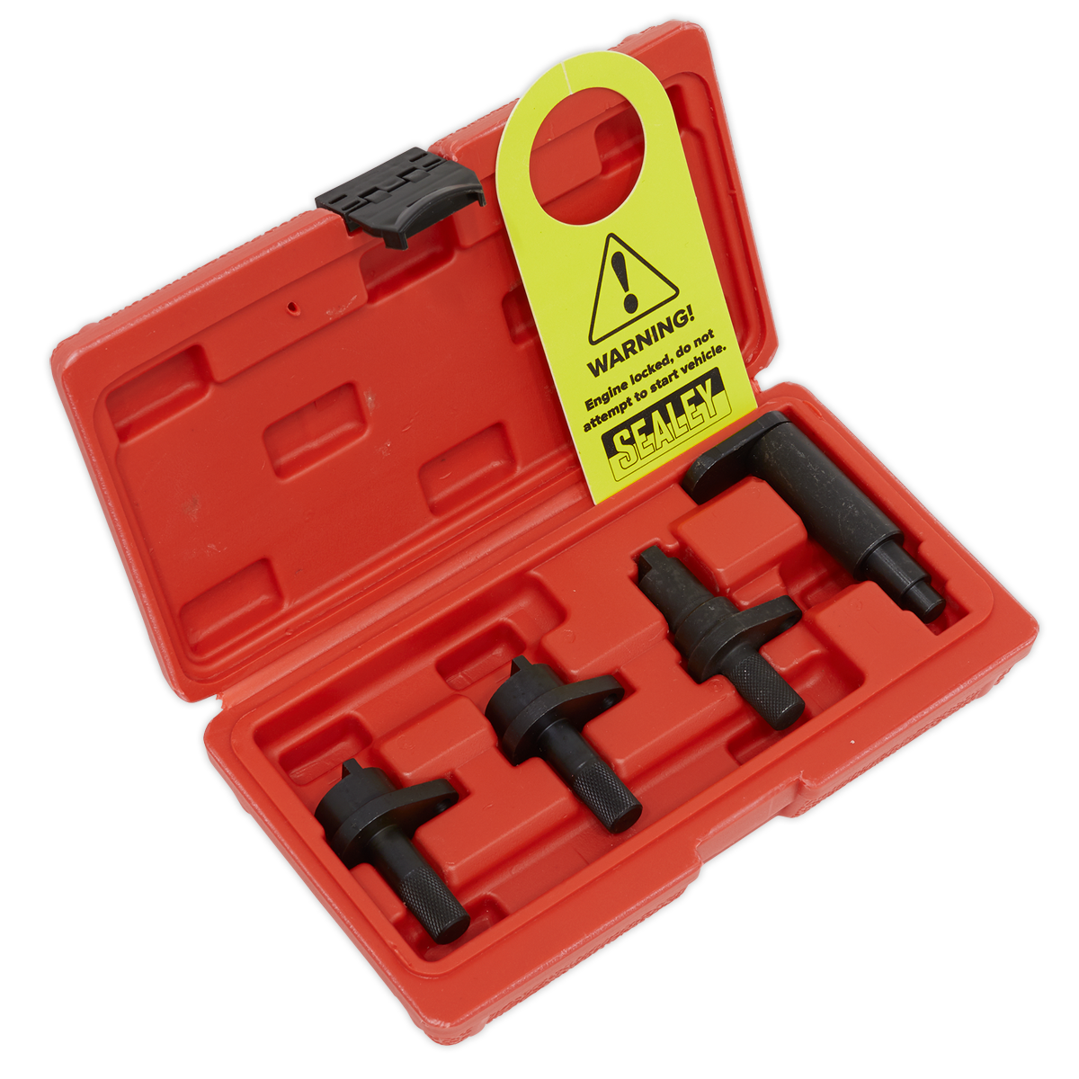 The Sealey Petrol Engine Timing Tool Kit for VAG 1.2 3-Cylinder (6v/12v) Chain Drive - VSE5921 includes a red plastic case containing four black metal tools, including a Camshaft setting tool, and comes with a yellow warning tag.