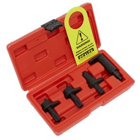 The Sealey Petrol Engine Timing Tool Kit for VAG 1.2 3-Cylinder (6v/12v) Chain Drive - VSE5921 includes a red plastic case containing four black metal tools, including a Camshaft setting tool, and comes with a yellow warning tag.