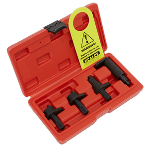 The Sealey Petrol Engine Timing Tool Kit for VAG 1.2 3-Cylinder (6v/12v) Chain Drive - VSE5921 includes a red plastic case containing four black metal tools, including a Camshaft setting tool, and comes with a yellow warning tag.