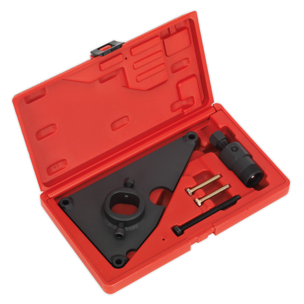 The High Pressure Fuel Pump Sprocket Remover (Sealey VSE5931) is a red case containing a black triangular tool specifically for chain drive diesel engines, along with a cylindrical attachment, a metal rod, and various bolts. Ideal for mechanical or automotive applications on Hyundai and Kia diesel engines.