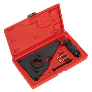 The High Pressure Fuel Pump Sprocket Remover (Sealey VSE5931) is a red case containing a black triangular tool specifically for chain drive diesel engines, along with a cylindrical attachment, a metal rod, and various bolts. Ideal for mechanical or automotive applications on Hyundai and Kia diesel engines.