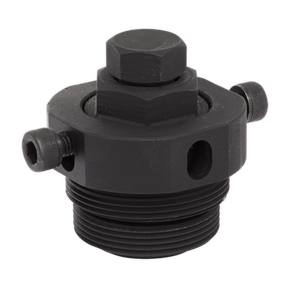 The Sealey Fuel Pump Sprocket Remover - VSE5933, designed for Hyundai Kia chain drive diesel engines, is a black, threaded industrial connector featuring a hexagonal bolt on top and two side bolts.