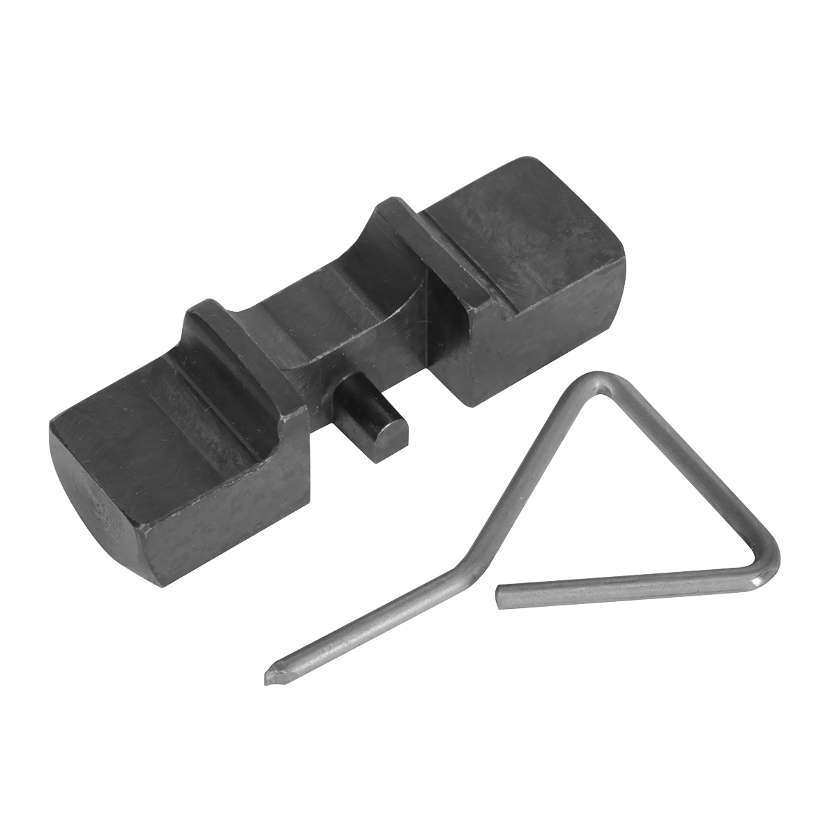 A black metal bracket with a central protrusion is placed next to a triangular metal clip, featuring the Sealey Balance Shaft Locking Set (VSE5953) designed for the VAG 2.0D Pumpe Duse (Belt Drive).