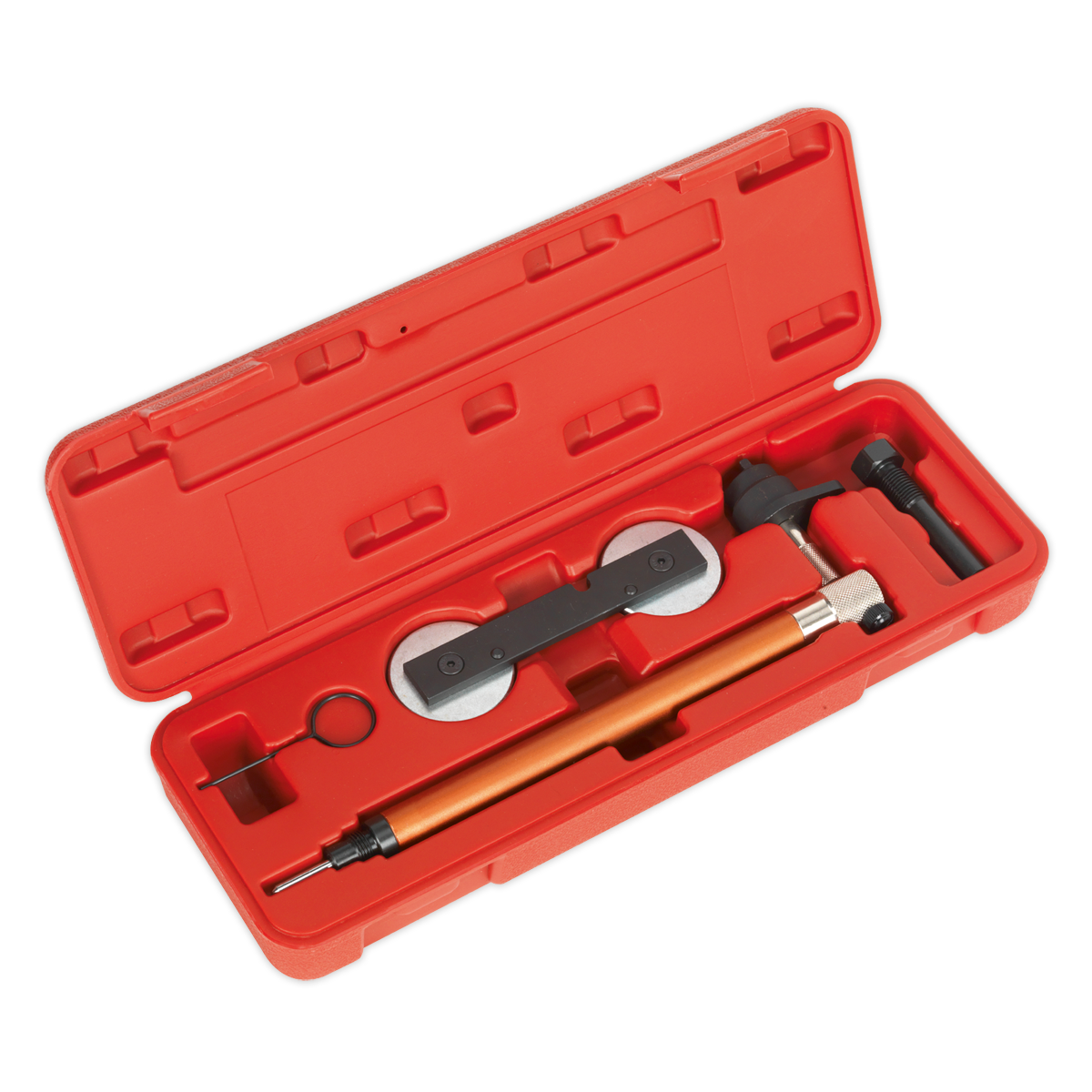 The Sealey Petrol Engine Timing Tool Kit - VAG 1.2, 1.4 TFSi/ 1.4, 1.6 FSi - Chain Drive (VSE5956A) comes in a red plastic case and includes a specialized set of mechanical tools such as a torque wrench, gauge, various attachments, and a tensioner locking mechanism ideal for TFSi engines.