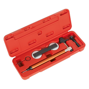 The Sealey Petrol Engine Timing Tool Kit - VAG 1.2, 1.4 TFSi/ 1.4, 1.6 FSi - Chain Drive (VSE5956A) comes in a red plastic case and includes a specialized set of mechanical tools such as a torque wrench, gauge, various attachments, and a tensioner locking mechanism ideal for TFSi engines.