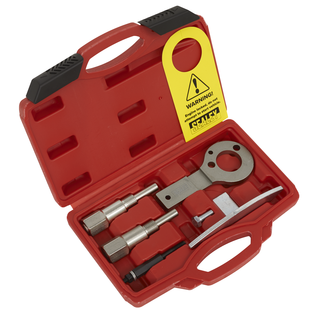 The Diesel Engine Timing Tool Kit by Sealey, designed for Alfa Romeo, Fiat, and Lancia diesel engines with belt drives (1.6D/1.9D/2.0D/2.4D), features a red plastic case containing various engine tools such as bolts, a spanner, and a tensioner locking key. A yellow warning tag is attached to the handle, making it ideal for Alfa Romeo enthusiasts.

