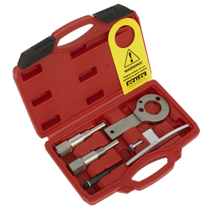 The Diesel Engine Timing Tool Kit by Sealey, designed for Alfa Romeo, Fiat, and Lancia diesel engines with belt drives (1.6D/1.9D/2.0D/2.4D), features a red plastic case containing various engine tools such as bolts, a spanner, and a tensioner locking key. A yellow warning tag is attached to the handle, making it ideal for Alfa Romeo enthusiasts.

