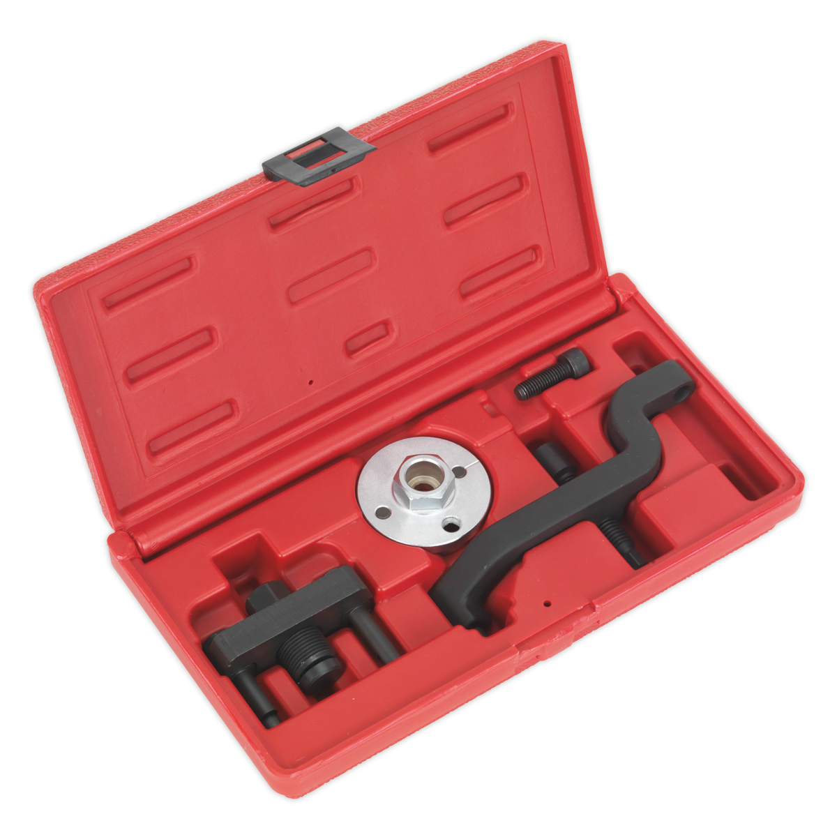 A robust, red plastic case from Sealey containing the Water Pump Removal Kit - VW 2.5D TDi PD - VSE6000, featuring specialized automotive tools including a puller, tensioner, and various attachments specifically designed for diesel engines.