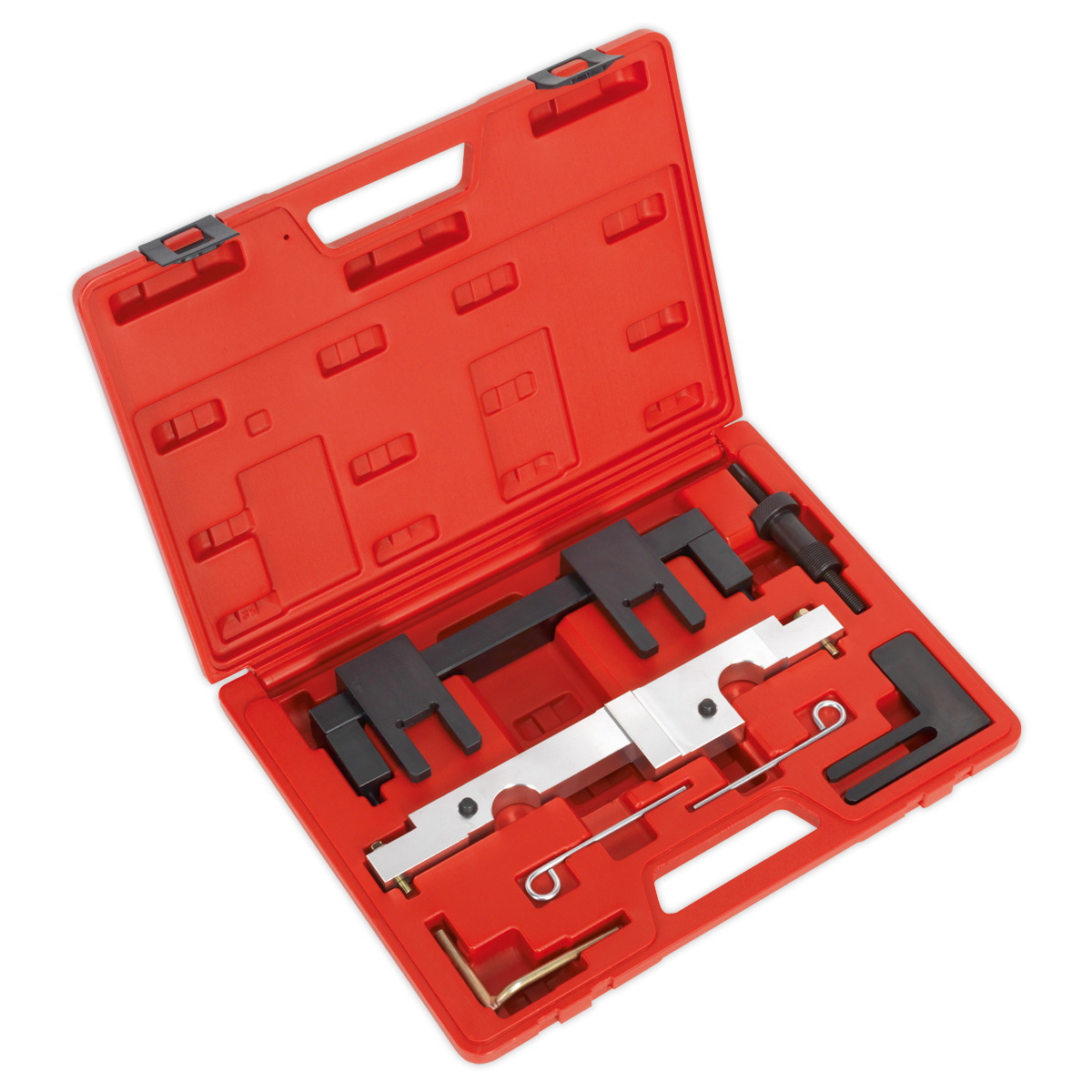 A Sealey Petrol Engine Timing Tool Kit for BMW 1.6/2.0 N43 (Chain Drive) features a red plastic case that holds an assortment of black and metallic camshaft tools, all meticulously arranged within fitted compartments.