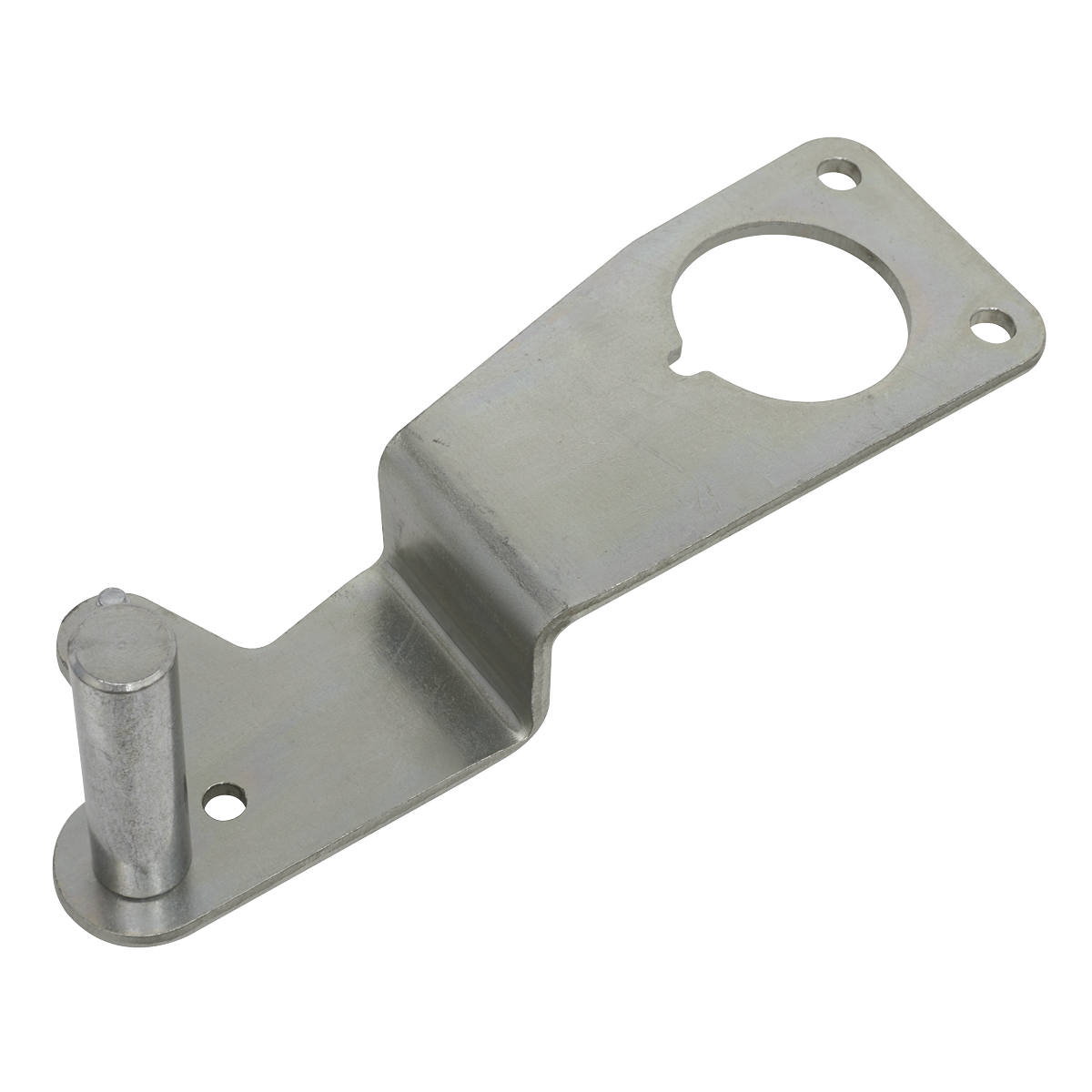 The Sealey Crankshaft Holding Tool, VSE6121.05, featuring a metal bracket with a cylindrical peg and mounting hole, is ideal for use with BMW N47/N57 2.0/3.0 chain drive engines.