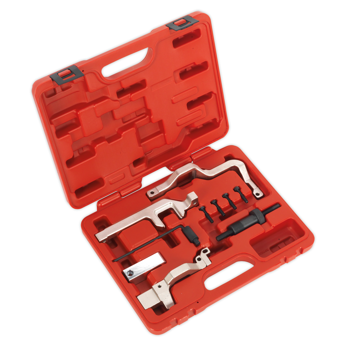 The Sealey Petrol Engine Timing Tool Kit - VSE6131, ideal for maintaining your BMW Mini, Citroen, or Peugeot with chain drive systems, comes in a red plastic case and includes a variety of metal tools such as wrenches for all your automotive maintenance needs.