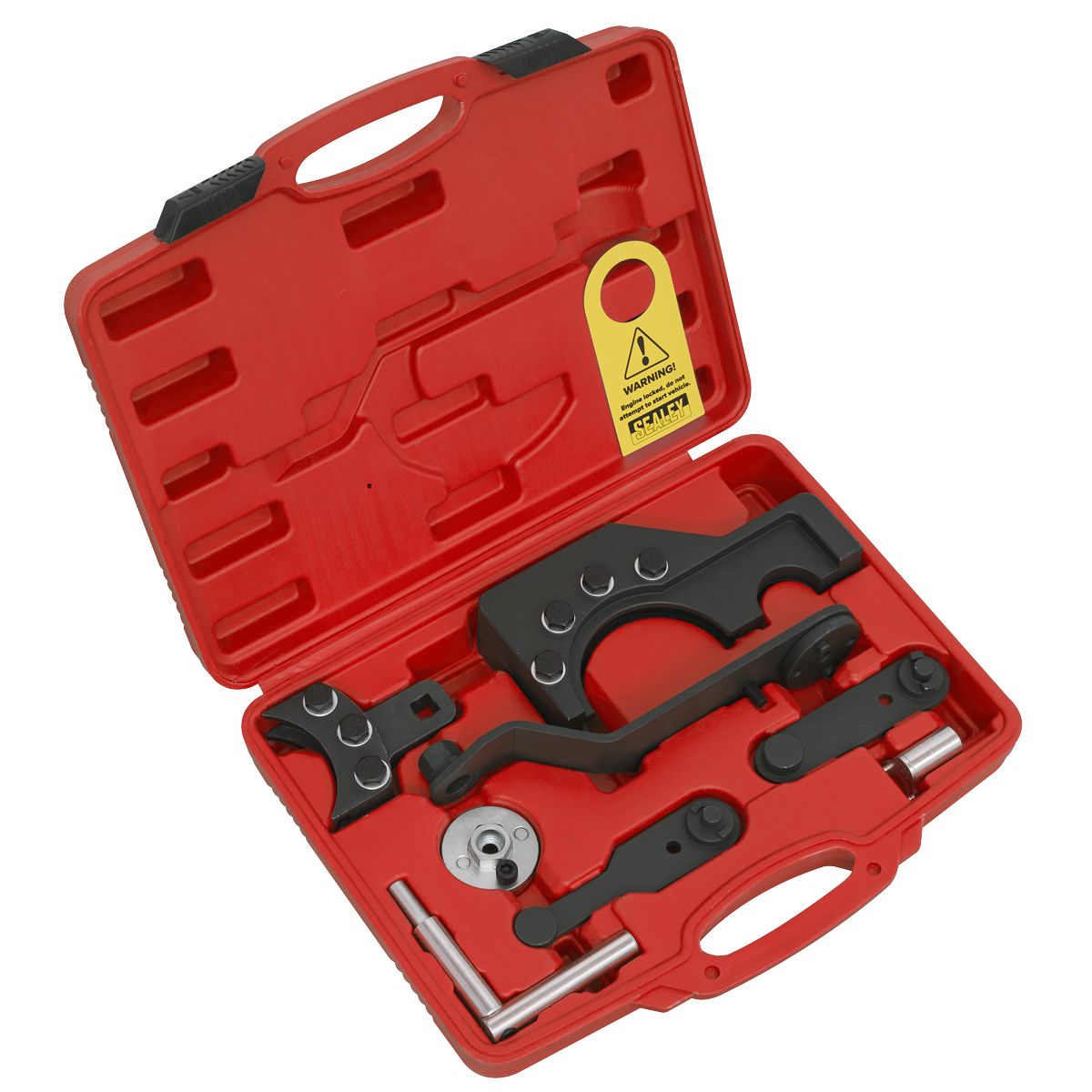 The Sealey Diesel Engine Timing Tool Kit (VSE6146) for VW 2.5D TDi PD gear drive diesel engines features a red plastic carrying case that holds an assortment of black and metallic automotive tools, including wrenches, sockets, and clamps, all neatly arranged in molded slots—ideal for maintenance tasks.