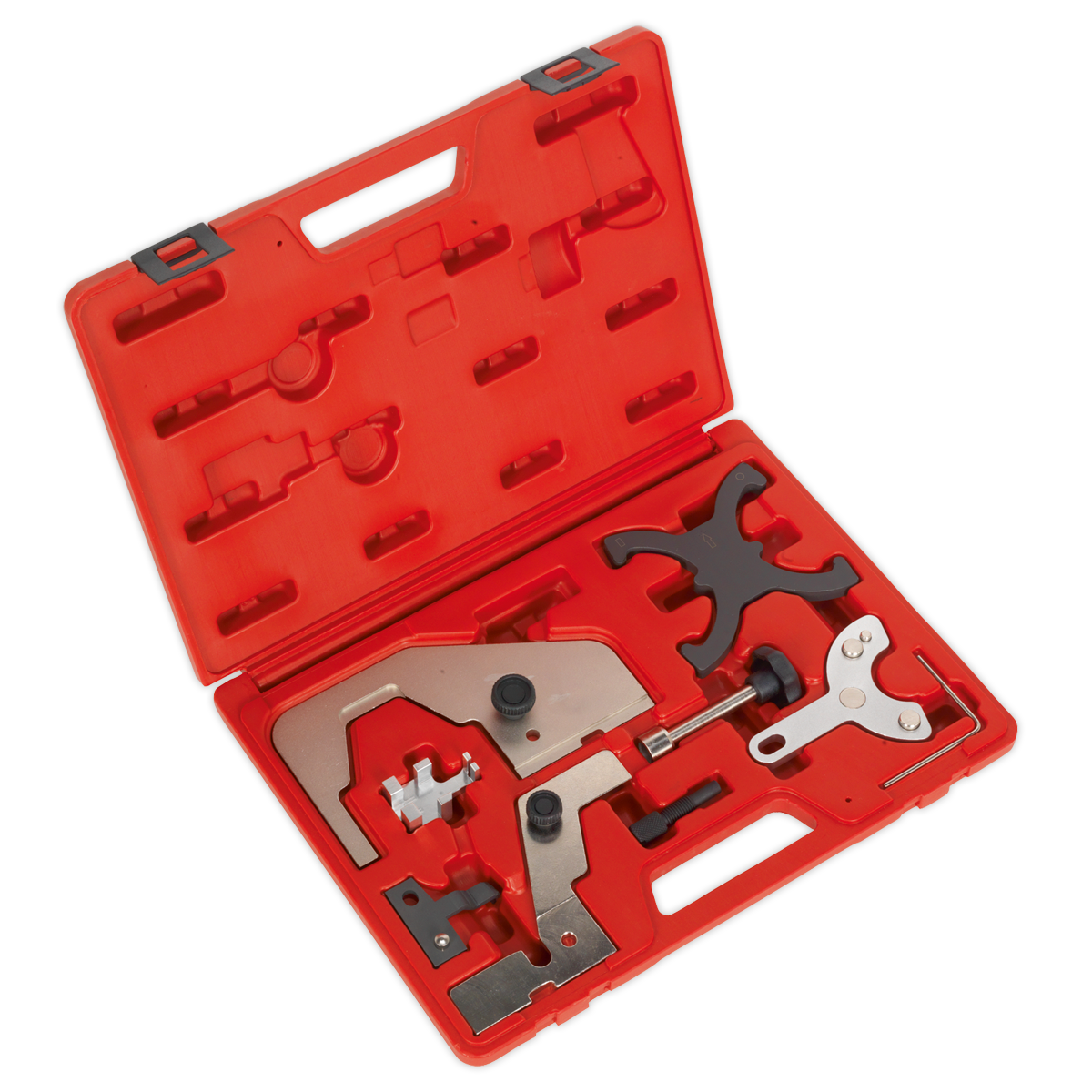 Red plastic carrying case containing various precision tools and fittings, including the Sealey Petrol Engine Timing Tool Kit - for Ford, Volvo, Mazda 1.5, 1.6, 2.0 - Belt/Chain Drive - VSE6160, all arranged neatly in designated compartments.