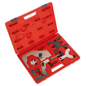 Red plastic carrying case containing various precision tools and fittings, including the Sealey Petrol Engine Timing Tool Kit - for Ford, Volvo, Mazda 1.5, 1.6, 2.0 - Belt/Chain Drive - VSE6160, all arranged neatly in designated compartments.