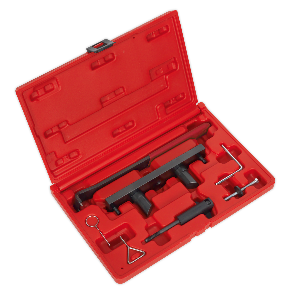 The Sealey Petrol Engine Belt Replacement & Chain in Head Service Kit - VAG 1.8/1.8T, 2.0 FSi/TFSi/TSi, 2.0 S/R (VSE6171) is a red plastic tool case that contains various automotive timing tools, including specialized camshaft timing tools arranged in molded compartments, specifically designed for VAG engines.