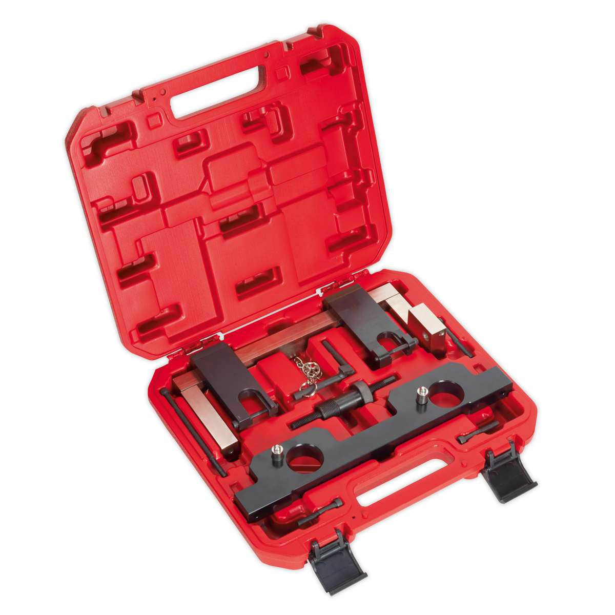 A red plastic case from Sealey containing the Petrol Engine Timing Tool Kit - for BMW 2.0 N20/N26 Chain Drive (VSE6188), which includes camshaft and crankshaft positioning tools as well as Vanos unit position tools, all arranged neatly in designated slots.