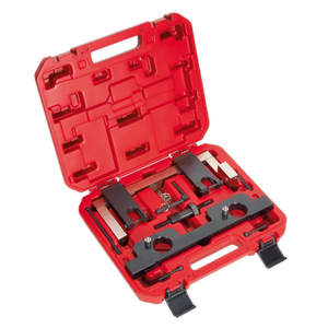 A red plastic case from Sealey containing the Petrol Engine Timing Tool Kit - for BMW 2.0 N20/N26 Chain Drive (VSE6188), which includes camshaft and crankshaft positioning tools as well as Vanos unit position tools, all arranged neatly in designated slots.