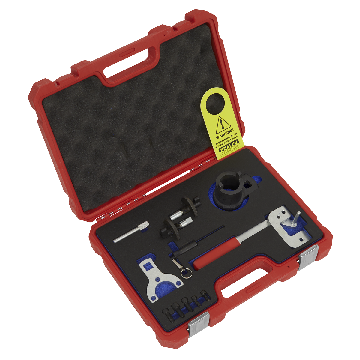 Red plastic carrying case containing a variety of metal tools, including components for common rail diesel engines, all arranged in foam padding for secure storage. The product is the Diesel Engine Timing Tool Kit - for Alfa Romeo, Ford, PSA, Suzuki, GM 1.3D 16v - Chain Drive - VSE6191 by Sealey.