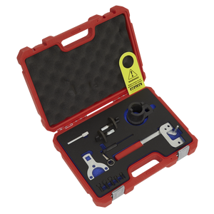 Red plastic carrying case containing a variety of metal tools, including components for common rail diesel engines, all arranged in foam padding for secure storage. The product is the Diesel Engine Timing Tool Kit - for Alfa Romeo, Ford, PSA, Suzuki, GM 1.3D 16v - Chain Drive - VSE6191 by Sealey.