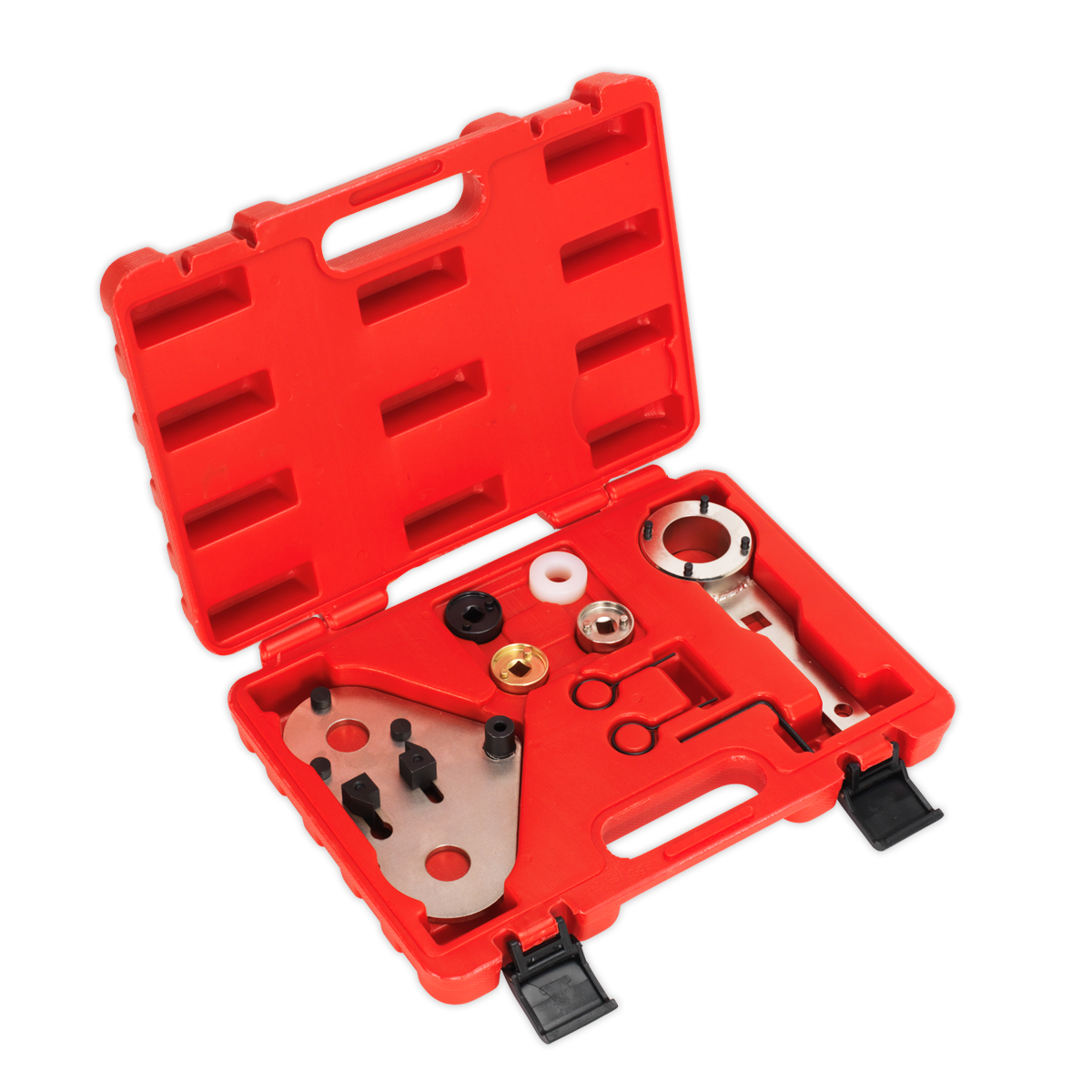 A Sealey Petrol Engine Timing Tool Kit - VAG 1.8/2.0 - Chain Drive (VSE6236) in a red plastic case, containing a multimeter kit with various components such as connectors, probes, and adapters—all neatly organized in designated compartments—ideal for servicing VAG group petrol engines.