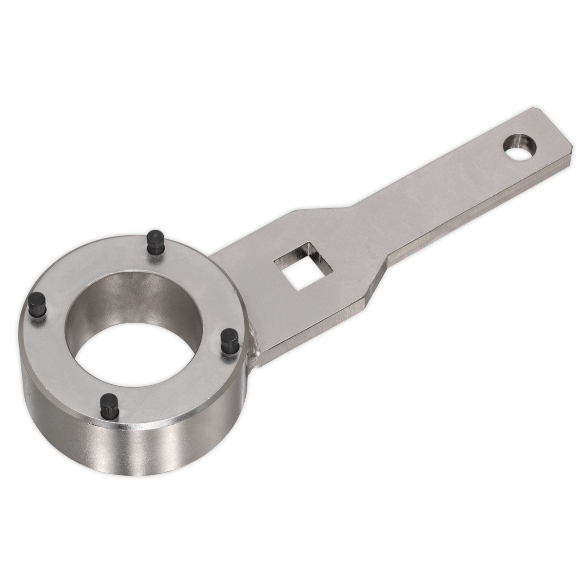 The Sealey Crankshaft Pulley Holding Wrench - VAG 1.8/2.0 TFSi - Chain Drive - VSE6237 is a metal tool designed with a rectangular handle, a circular slotted end surrounded by four black screws, and a square hole in the handle, serving as an effective crankshaft pulley tool.