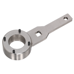 The Sealey Crankshaft Pulley Holding Wrench - VAG 1.8/2.0 TFSi - Chain Drive - VSE6237 is a metal tool designed with a rectangular handle, a circular slotted end surrounded by four black screws, and a square hole in the handle, serving as an effective crankshaft pulley tool.