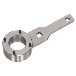 The Sealey Crankshaft Pulley Holding Wrench - VAG 1.8/2.0 TFSi - Chain Drive - VSE6237 is a metal tool designed with a rectangular handle, a circular slotted end surrounded by four black screws, and a square hole in the handle, serving as an effective crankshaft pulley tool.