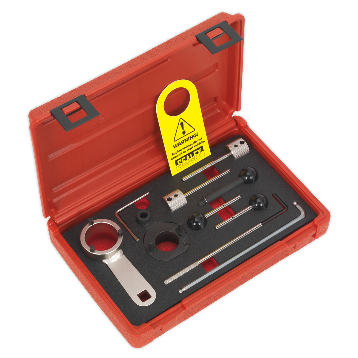 A Diesel Engine Timing Tool Kit (VSE6281) by Sealey for VAG 1.4D/1.6D/2.0D Belt Drive, featuring a red plastic case and including various automotive tools such as wrenches, pins, and a warning tag for common rail diesel engines.