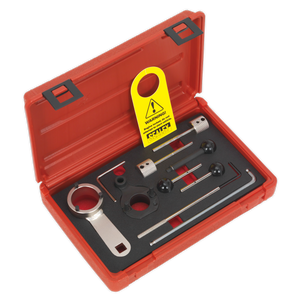 A Diesel Engine Timing Tool Kit (VSE6281) by Sealey for VAG 1.4D/1.6D/2.0D Belt Drive, featuring a red plastic case and including various automotive tools such as wrenches, pins, and a warning tag for common rail diesel engines.