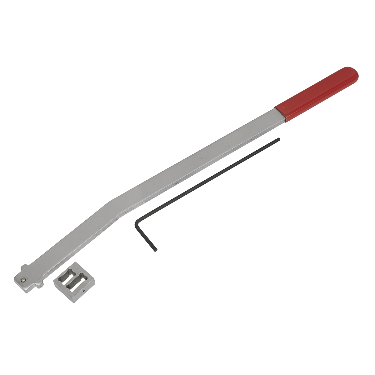 The Sealey Auxiliary Belt Tensioner Wrench - Ford, PSA - VSE6299 comes with a red handle and an accompanying small hex key, offering versatile functionality for auxiliary belt adjustment.