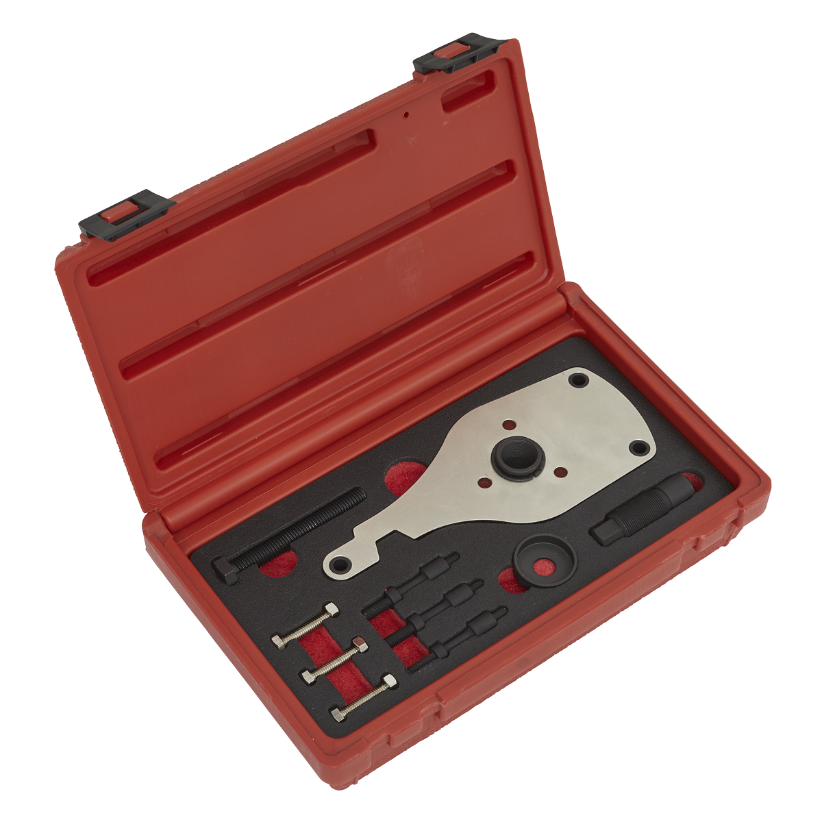 Red plastic storage case containing a time-saving Sealey High Pressure Fuel Pump Remover/Installer for Ford 2.0D EcoBlue, with various components securely placed in custom foam padding.