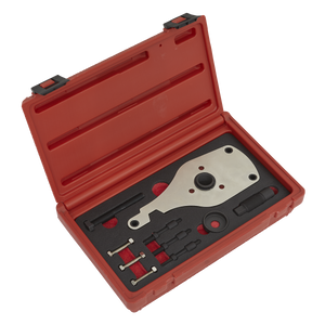 Red plastic storage case containing a time-saving Sealey High Pressure Fuel Pump Remover/Installer for Ford 2.0D EcoBlue, with various components securely placed in custom foam padding.