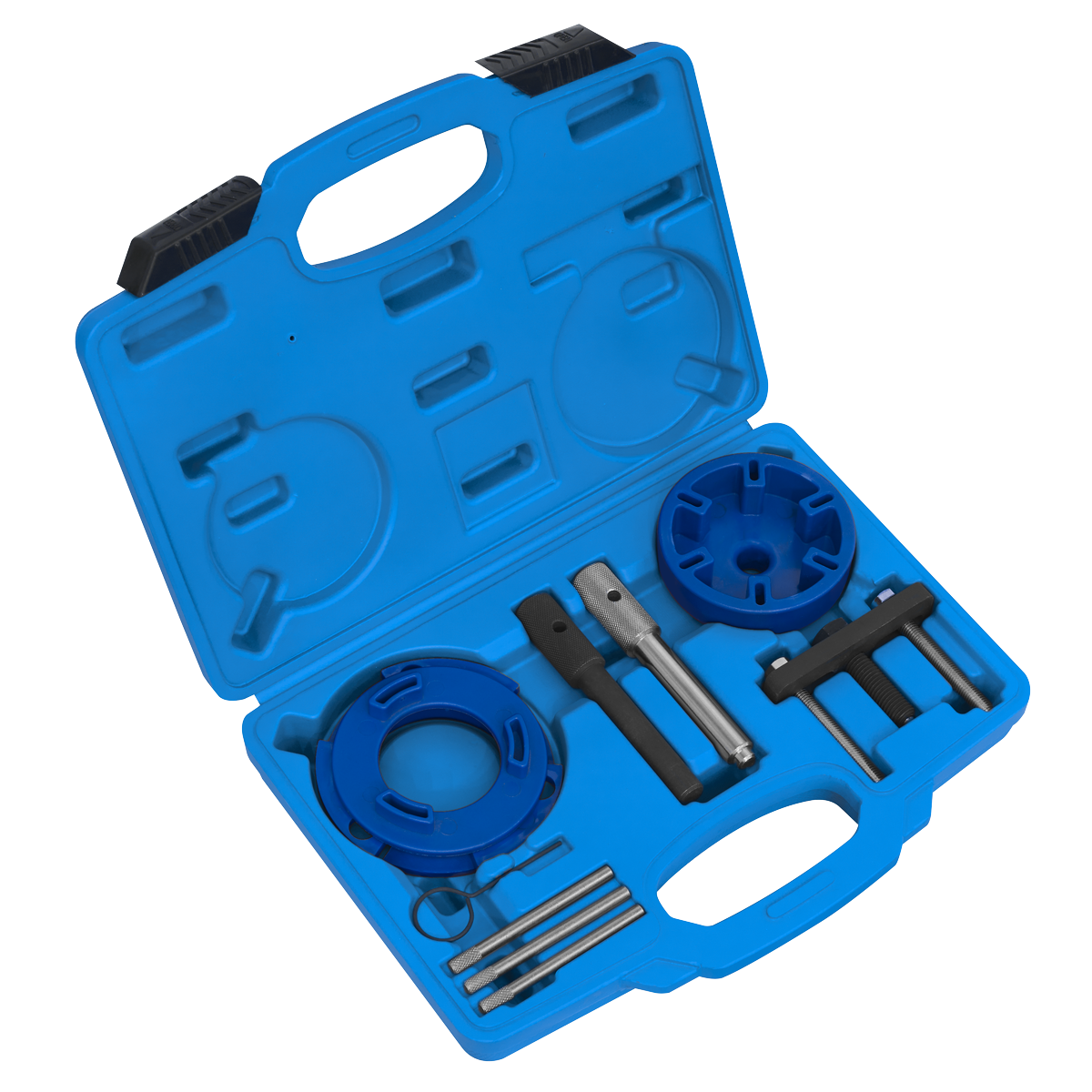 The blue plastic case from Sealey contains the Timing Tool & Fuel Injection Pump Kit - Ford, PSA, LDV - VSE6940. This comprehensive kit is designed specifically for Duratorq chain-driven diesel engines and is compatible with Citroen, Fiat, Ford, Jaguar, Land Rover, LDV, and Peugeot vehicles. Each tool is neatly organized in molded slots.