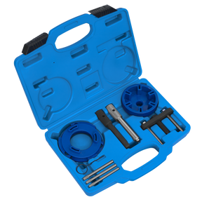 The blue plastic case from Sealey contains the Timing Tool & Fuel Injection Pump Kit - Ford, PSA, LDV - VSE6940. This comprehensive kit is designed specifically for Duratorq chain-driven diesel engines and is compatible with Citroen, Fiat, Ford, Jaguar, Land Rover, LDV, and Peugeot vehicles. Each tool is neatly organized in molded slots.