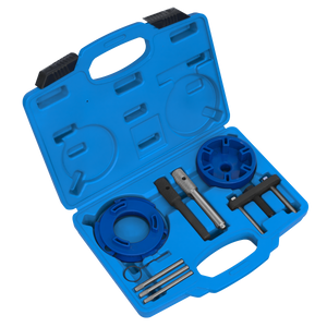 The blue plastic case from Sealey contains the Timing Tool & Fuel Injection Pump Kit - Ford, PSA, LDV - VSE6940. This comprehensive kit is designed specifically for Duratorq chain-driven diesel engines and is compatible with Citroen, Fiat, Ford, Jaguar, Land Rover, LDV, and Peugeot vehicles. Each tool is neatly organized in molded slots.