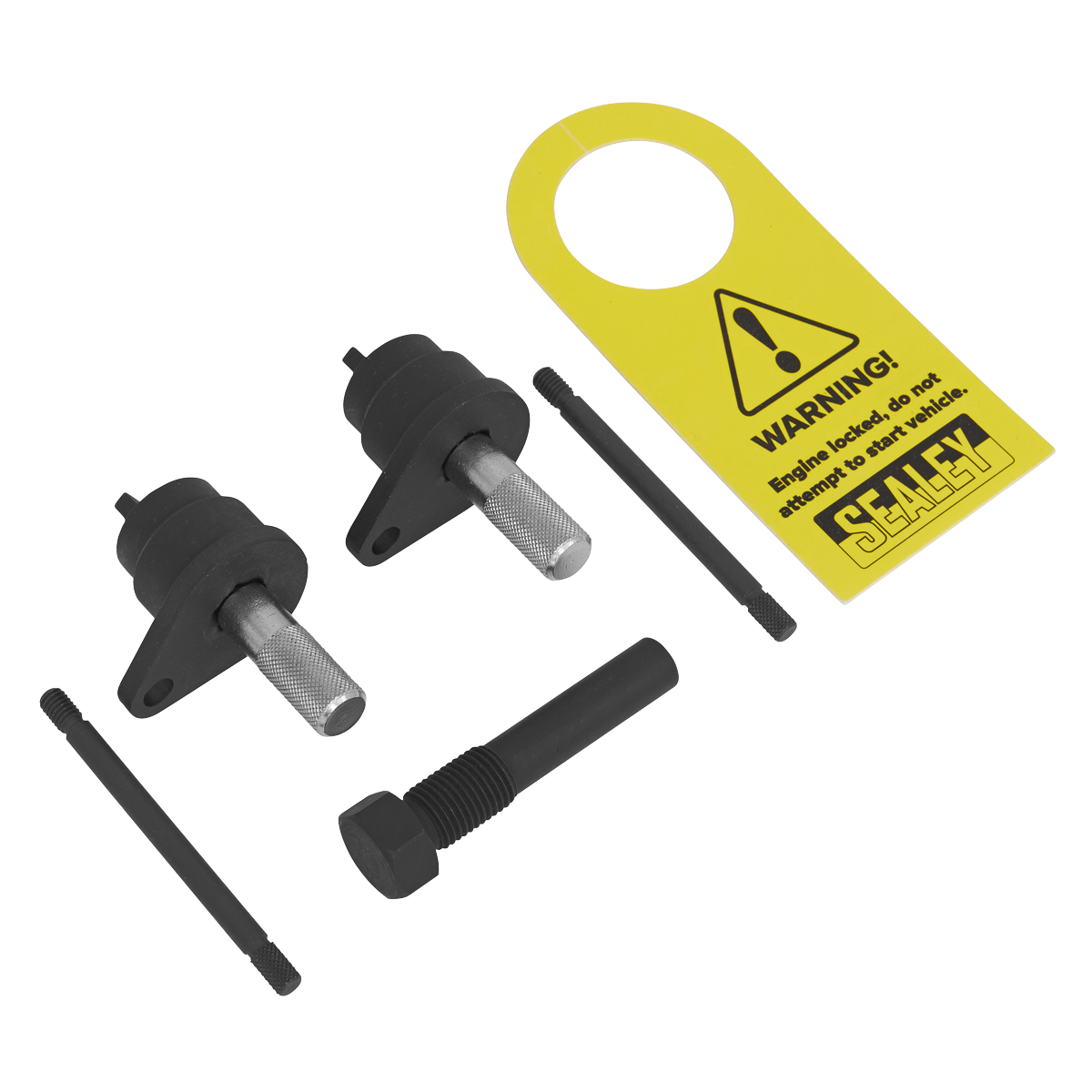 Image of the Sealey Petrol Engine Timing Tool Kit - VAG 1.2/1.6 TFSi - Chain Drive (VSE7140), featuring two pins, one bolt, two rods, and a yellow warning tag with cautionary text and the Sealey logo, designed for use with twin camshaft 1.6 TFSi engines.