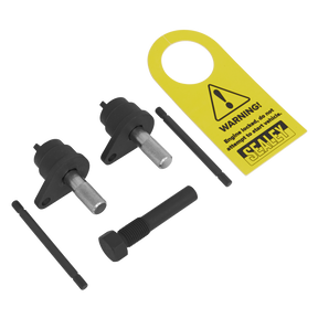 Image of the Sealey Petrol Engine Timing Tool Kit - VAG 1.2/1.6 TFSi - Chain Drive (VSE7140), featuring two pins, one bolt, two rods, and a yellow warning tag with cautionary text and the Sealey logo, designed for use with twin camshaft 1.6 TFSi engines.