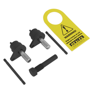 Image of the Sealey Petrol Engine Timing Tool Kit - VAG 1.2/1.6 TFSi - Chain Drive (VSE7140), featuring two pins, one bolt, two rods, and a yellow warning tag with cautionary text and the Sealey logo, designed for use with twin camshaft 1.6 TFSi engines.