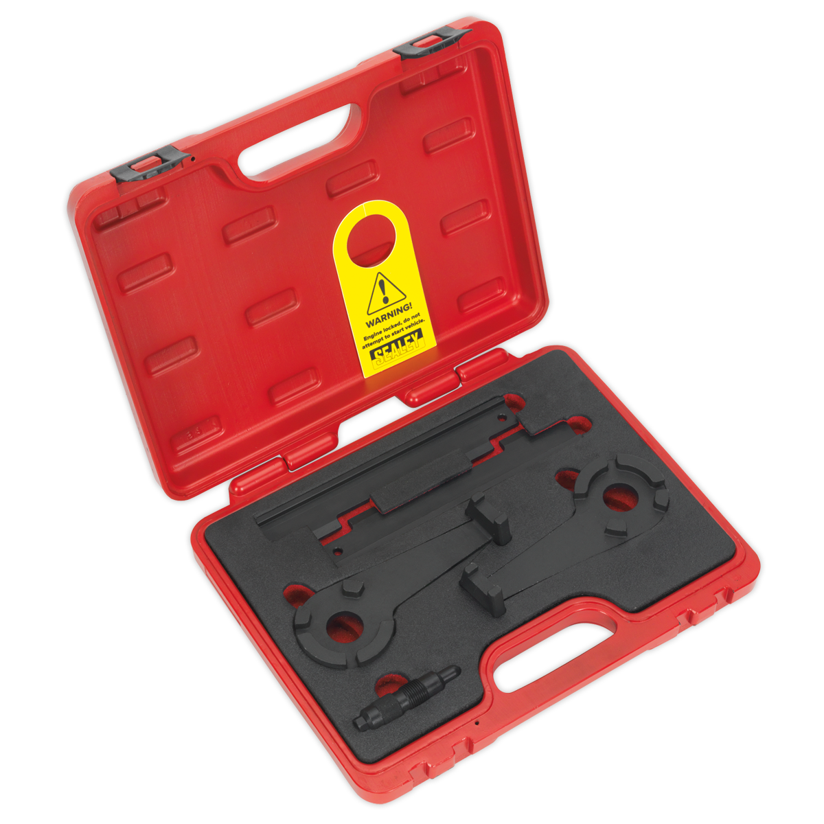 The Sealey Petrol Engine Timing Tool Kit - Audi 4.2 V8 - Chain Drive (VSE7407) comes in a red plastic carrying case that organizes the included black tools, such as the wrench and other specific components. The interior is molded to securely fit each tool, including camshaft setting plates and a crankshaft locking pin. A yellow caution label is prominently displayed inside.