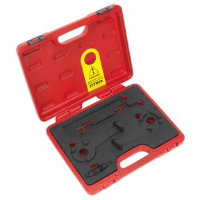 The Sealey Petrol Engine Timing Tool Kit - Audi 4.2 V8 - Chain Drive (VSE7407) comes in a red plastic carrying case that organizes the included black tools, such as the wrench and other specific components. The interior is molded to securely fit each tool, including camshaft setting plates and a crankshaft locking pin. A yellow caution label is prominently displayed inside.