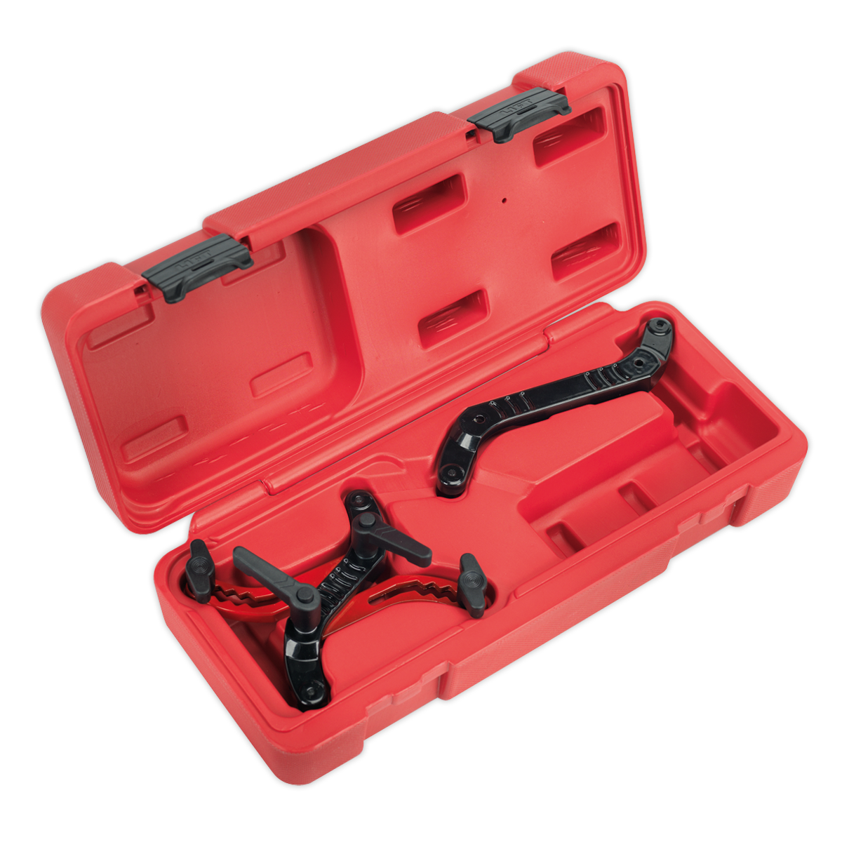 The Sealey Universal Twin Camshaft Locking Tool - VSE888 comes in a red plastic carrying case and includes a black puller tool with adjustable arms, making it perfect for mechanical use on twin camshaft diesel engines.