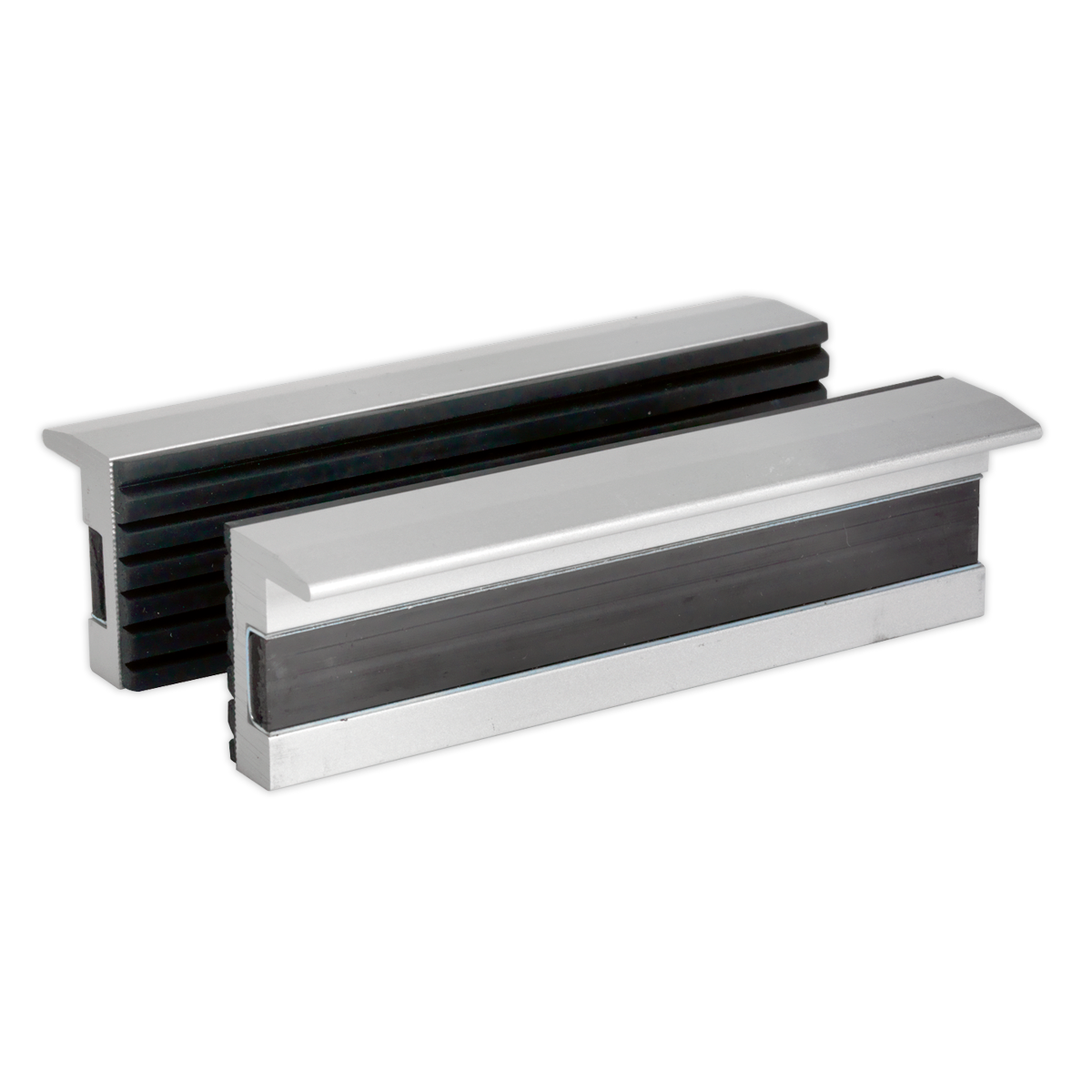 Two Sealey Soft Jaws for Vices - 100mm - VSJ100, featuring silver and black rubber with soft materials, placed side by side against a white background.