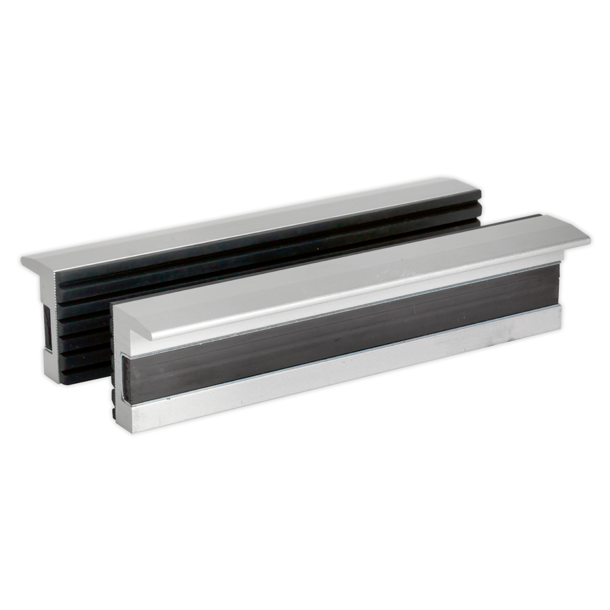 Two Sealey Soft Jaws for Vices - 125mm - VSJ125, one in black and one in silver with an aluminium body, placed parallel to each other on a white background.